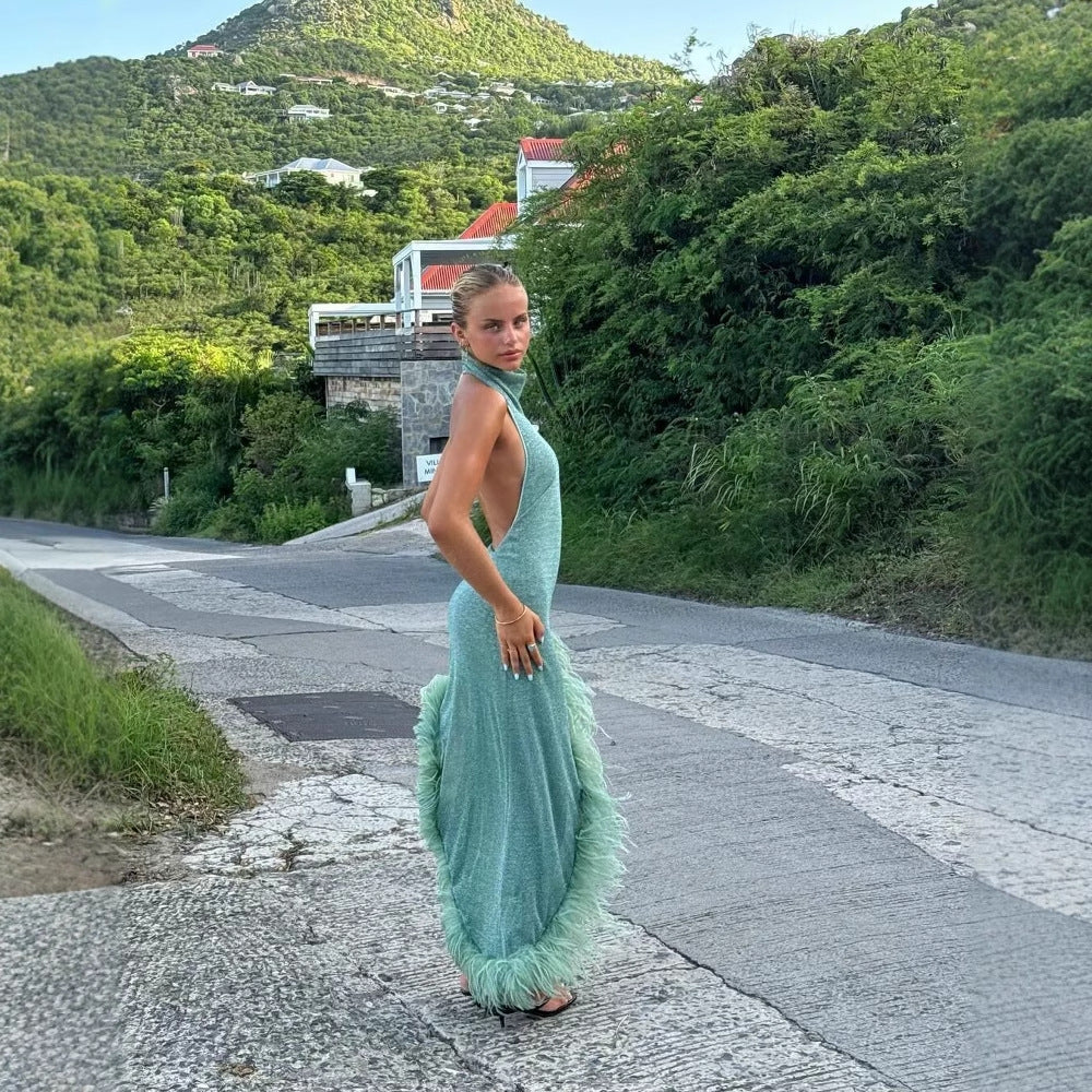 Feather Halter Party Dress